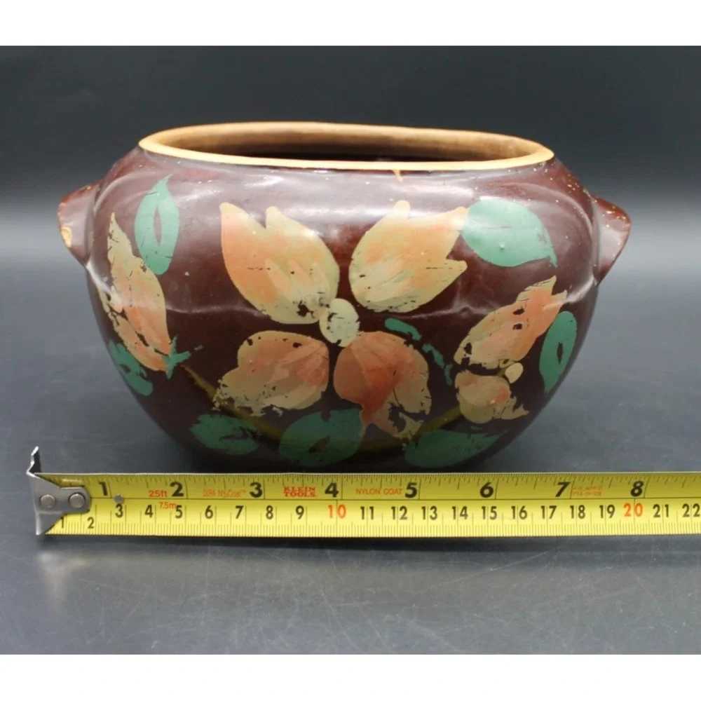 Vintage USA Pottery Brown Floral Bean Pot Crock 2 Handle Hand Painted Stoneware